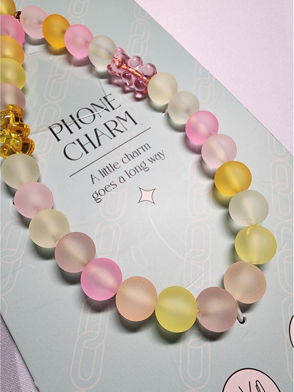 Miami & Co Colorful Bead Phone Charm Bears, Yellow, Pink, Cream Frosted Beads